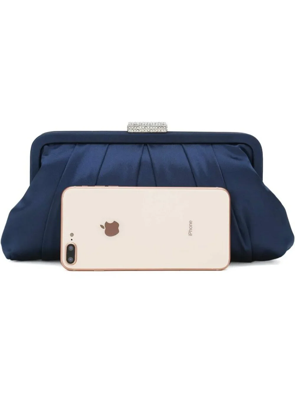 Women's Navy Classic Pleated Satin Clutch Purse Diamante Formal Evening Bag